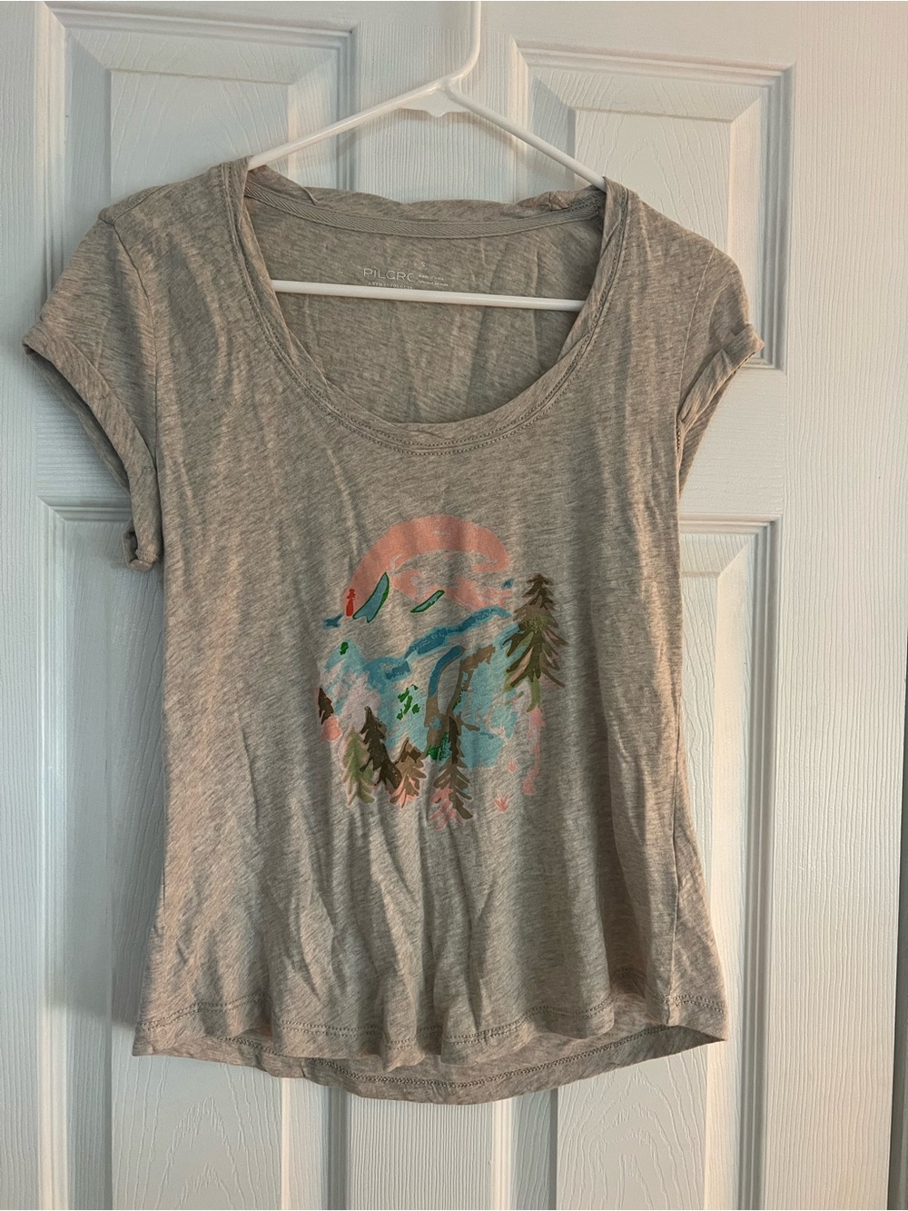 Anthropologie Gray Scoop Neck Tee with Pastel Outdoor Graphic